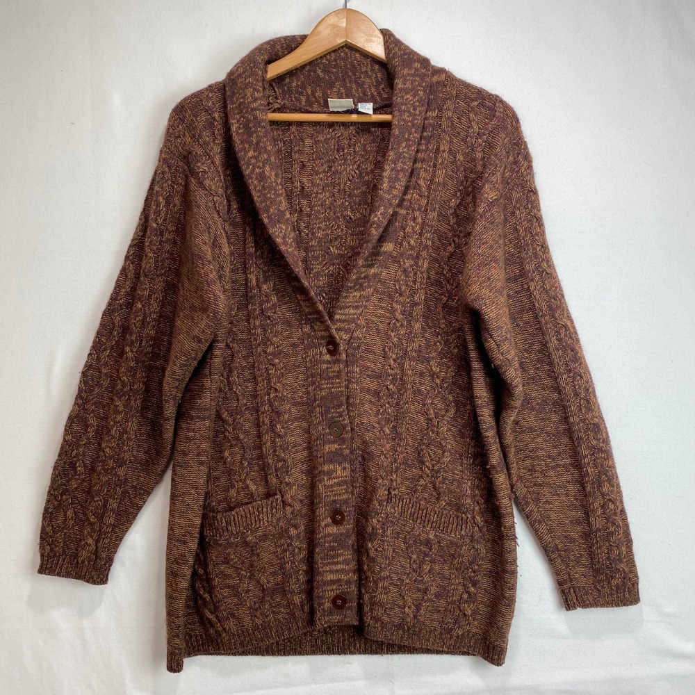 Vintage JG Hook Mens S Brown Wool Blend Cable Knit Shawl Collar Cardigan Sweater